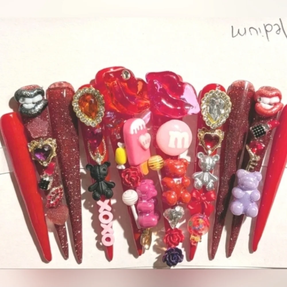 Red and Pink Decorative 4xl Acrylic Press On Nail Set Sz Medium